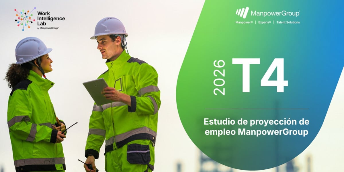 Dos profesionales con casco y ropa de alta visibilidad junto a la creatividad 2026 T4 del Estudio de Proyección de Empleo ManpowerGroup