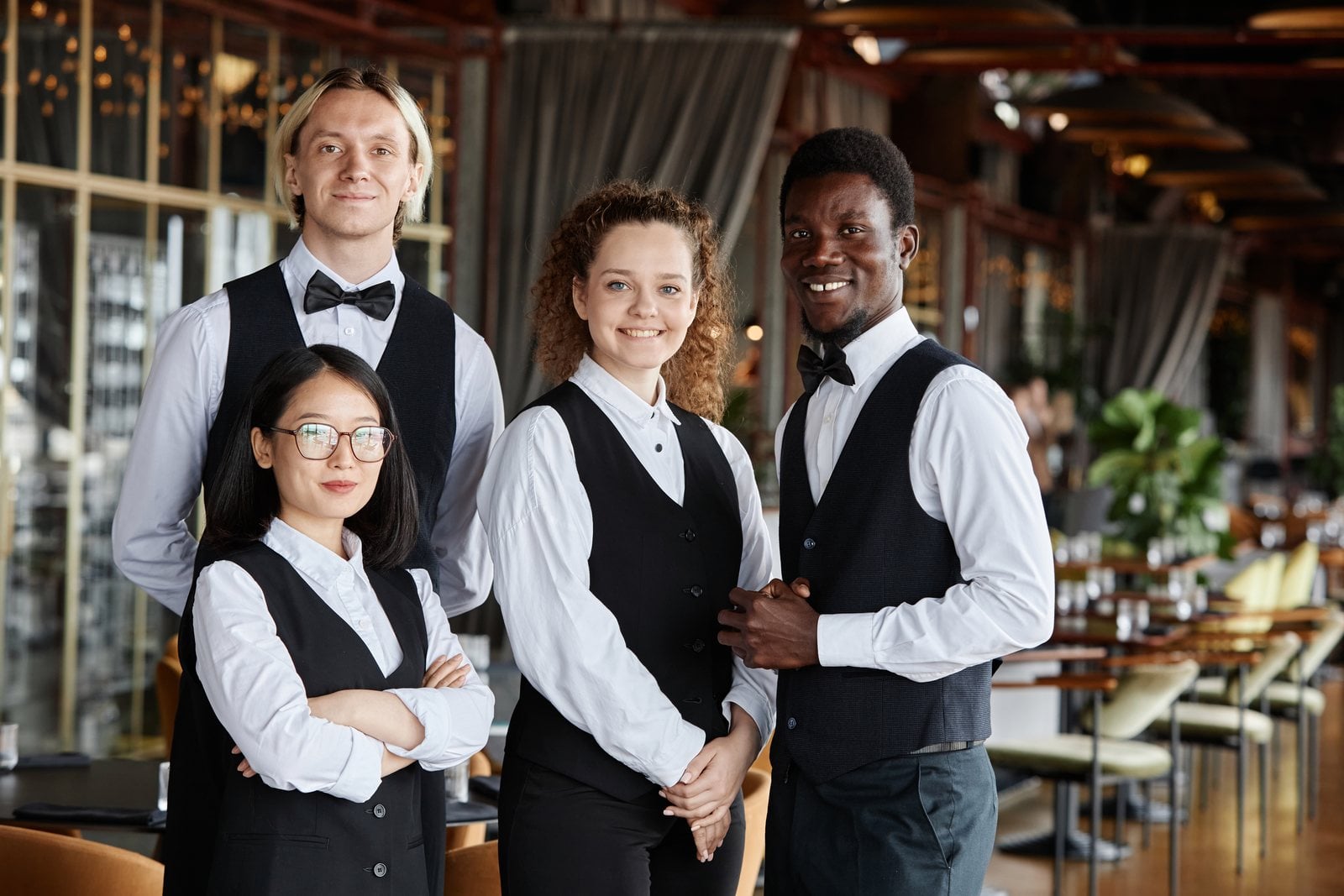 Equipo de hostelería sonriendo en un restaurante preparado para atender clientes