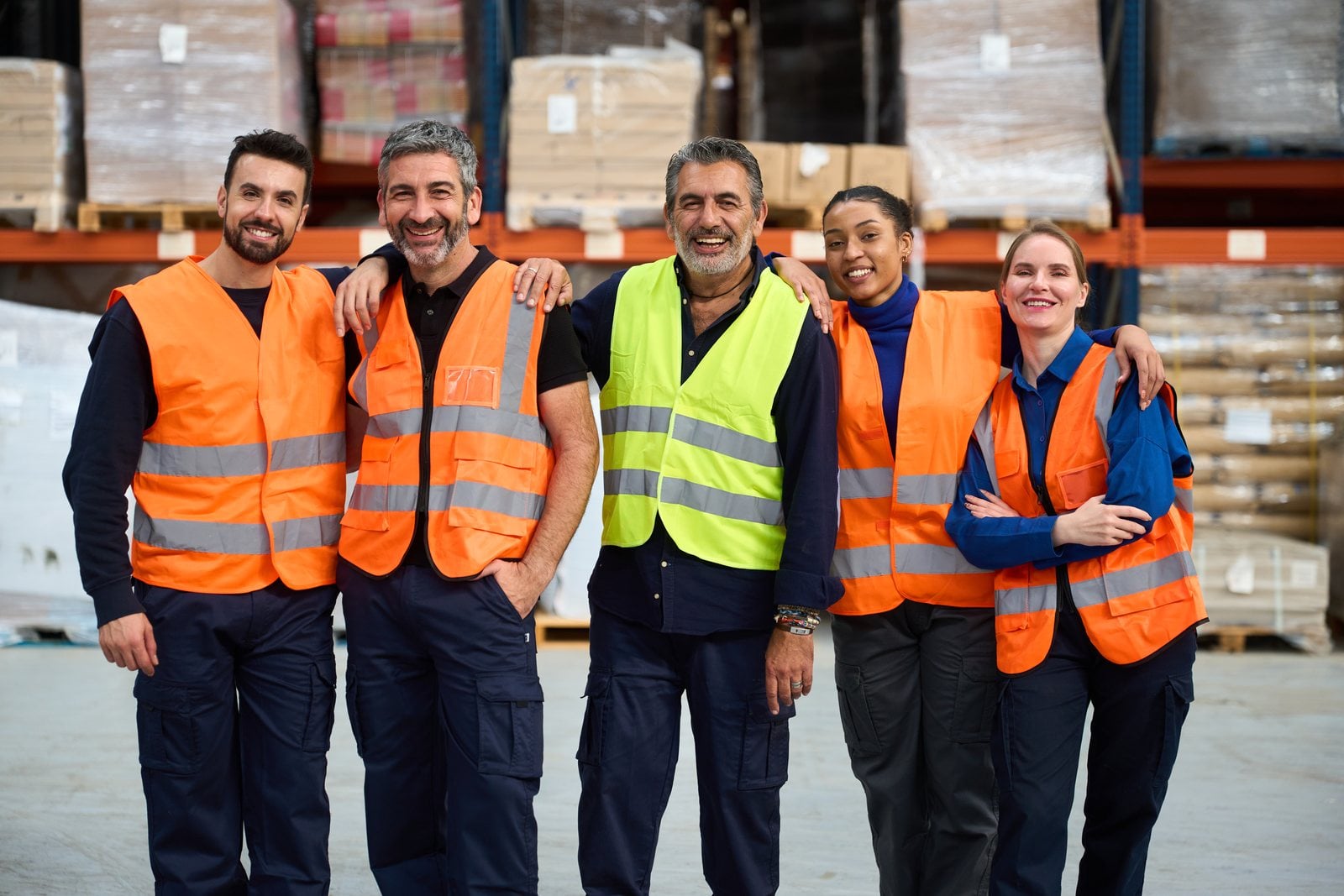 Equipo de logística sonriendo en un almacén con chalecos de seguridad