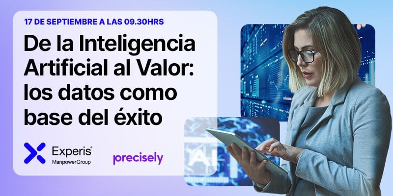 Profesional consultando una tablet junto al título del desayuno de Experis y Precisely sobre inteligencia artificial y datos