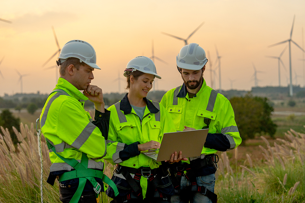 Trabajadores del sector energético en un campo de energía eólica